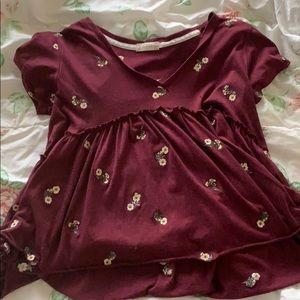 Maroon Floral Ruffle Tee